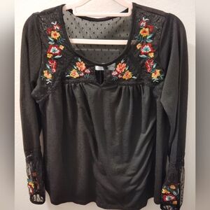 Time and Tru Black Blouse with Floral Embroidery